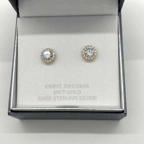 Primrose 18K Gold Over Sterling Silver Cubic Zirconia Halo Stud Earrings - Picture 3 of 14